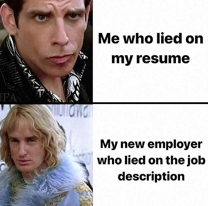 Corporate absurdity: A meme with two faces side-by-side representing lying on a resume and an employer lying on the job description.