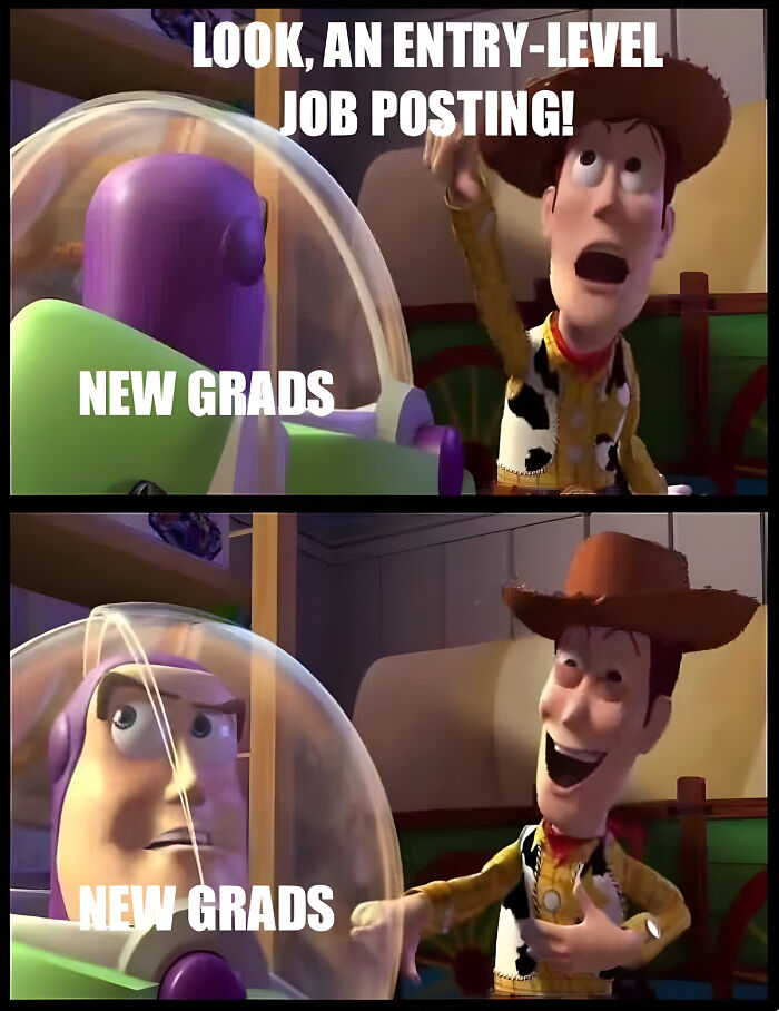 A Toy Story meme featuring Buzz and Woody, representing new grads reacting to an entry-level job posting, highlighting corporate absurdity.