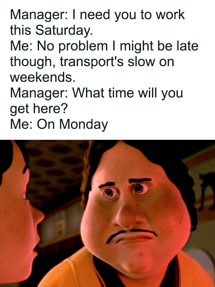 A meme with a character making a funny face, representing the painful absurdity of corporate work requests and being ready to retire.