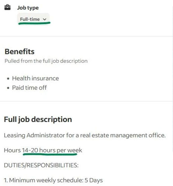 A screenshot showing job type listed as Full-time with hours of 14-20 per week highlighting corporate absurdity.