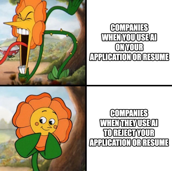 A meme showing two images of a flower character, depicting corporate absurdity regarding AI in applications, making one ready to retire.