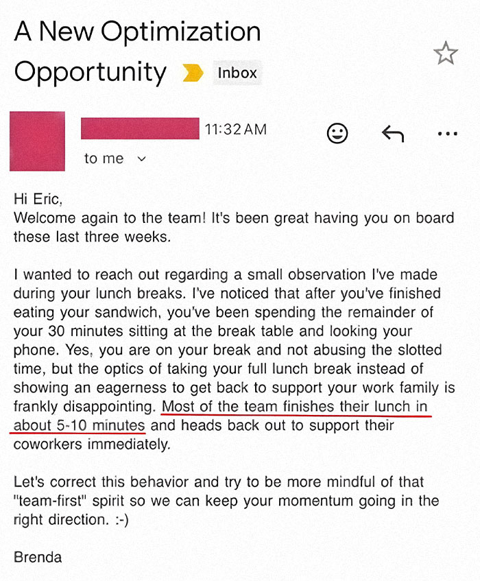 An email from Corporate Absurdity stating that employees should not take full lunch breaks.