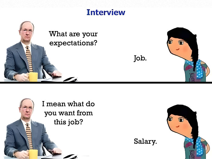 A meme showing an interview with Dora the Explorer stating her expectations are Job and Salary, highlighting corporate absurdity.