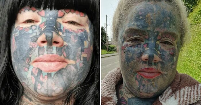 Mom With 800 Tattoos Reveals Her Face Without The “Extreme” Look, But Her Family And Even Her Dog Weren’t Prepared