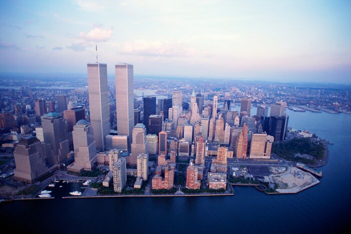 An aerial view of the New York City skyline with the Twin Towers, related to times teachers were terrified.