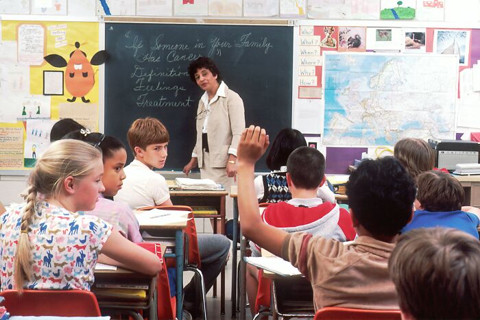Teachers were terrified of students in a classroom with a teacher standing at the blackboard and students raising hands.