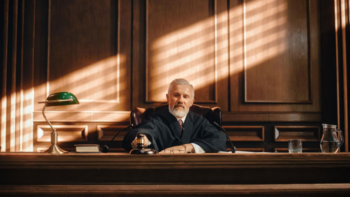 A judge in a courtroom, representing the criminal trial context of the wife's obsession.