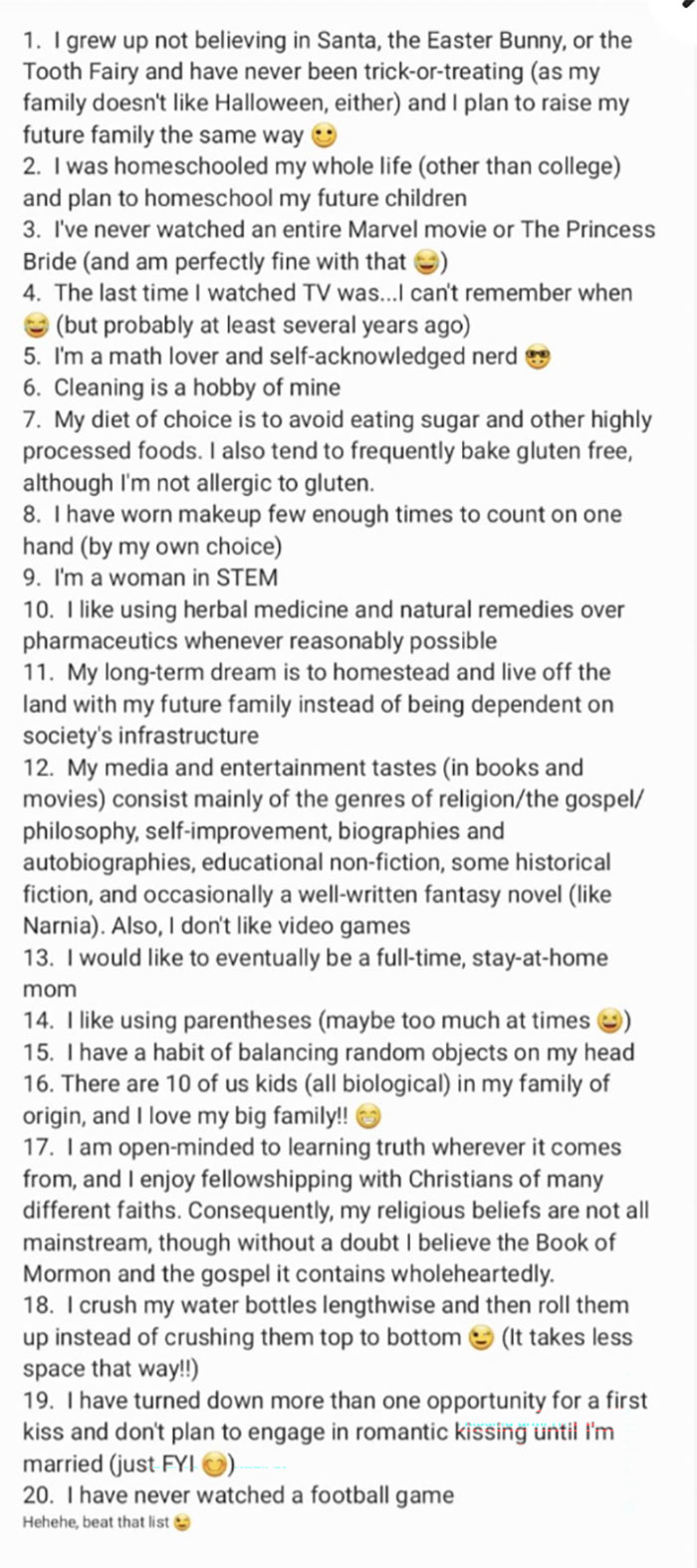 Screenshot of an extensive online dating profile bio, detailing many personal facts, a wild and cringey dating screenshot.