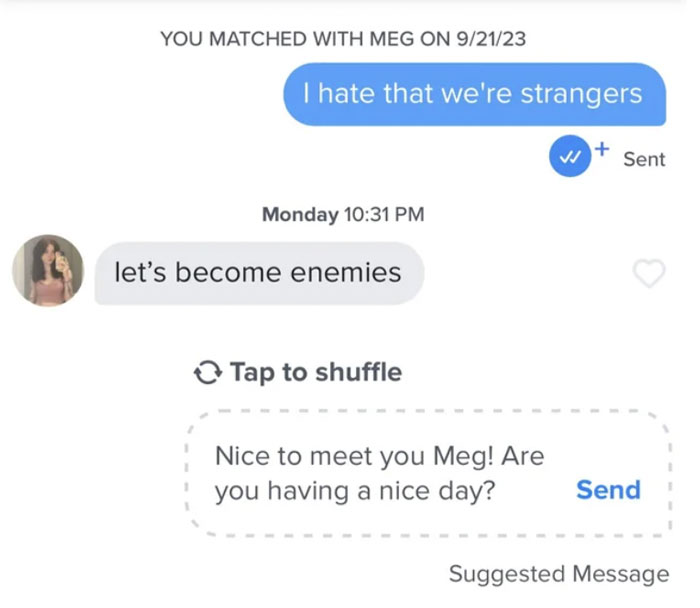 A wild and cringey online dating screenshot showing a conversation with Meg, where one user suggests becoming enemies.