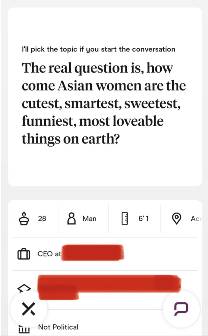 A cringey screenshot from an online dating profile with a questionable conversation starter about Asian women, highlighting wild online dating.