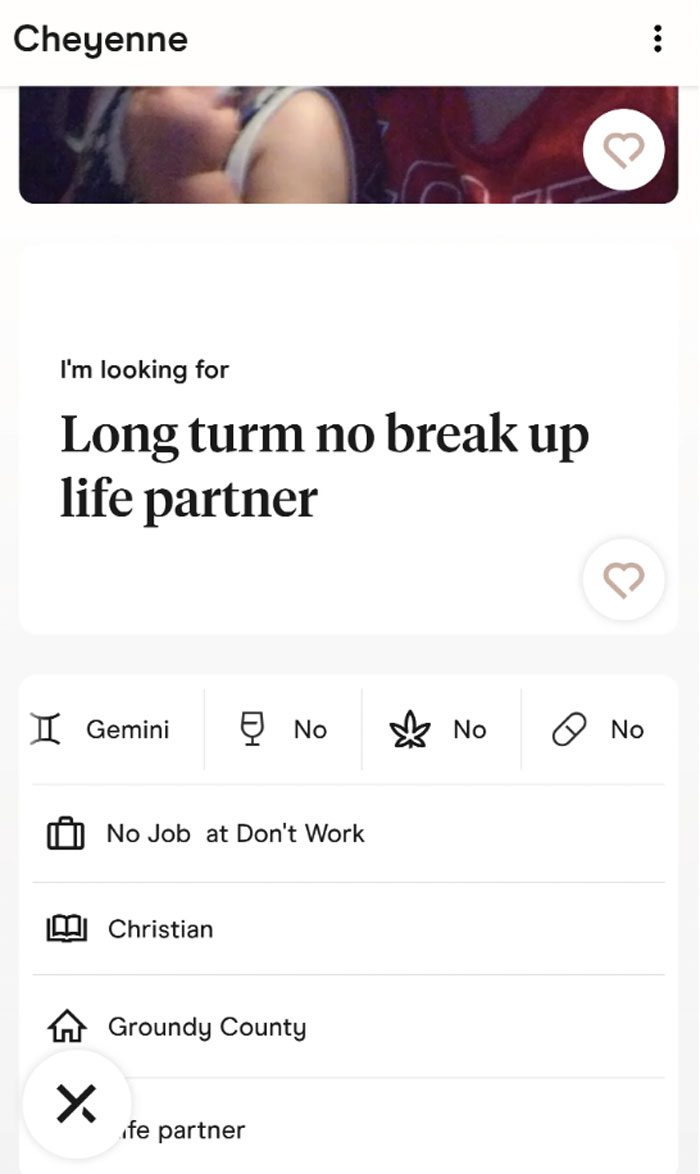 A wild and cringey online dating profile screenshot for Cheyenne, seeking a 'Long turm no break up life partner' with 'No Job'.