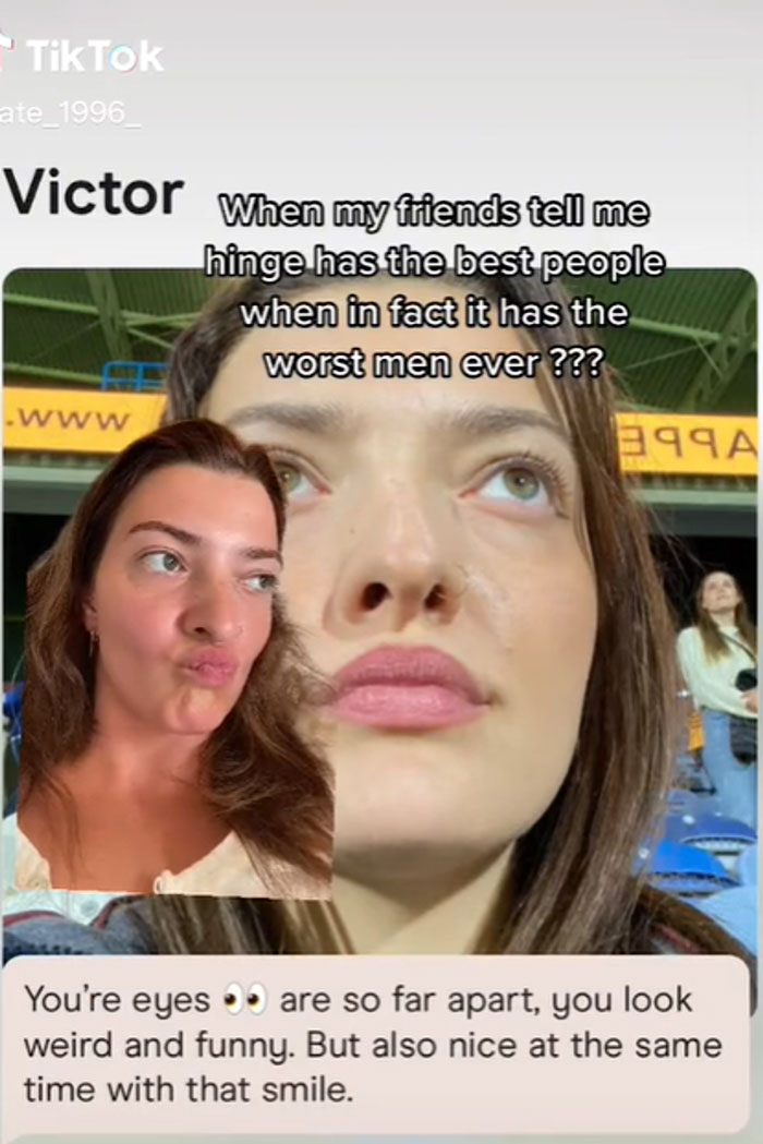 A wild and cringey screenshot showing a woman reacting to a rude message received on an online dating app.