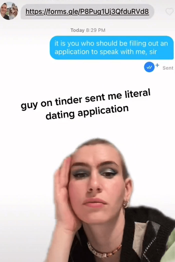 A screenshot from an online dating app where a user sent a literal dating application, showing cringey online dating.