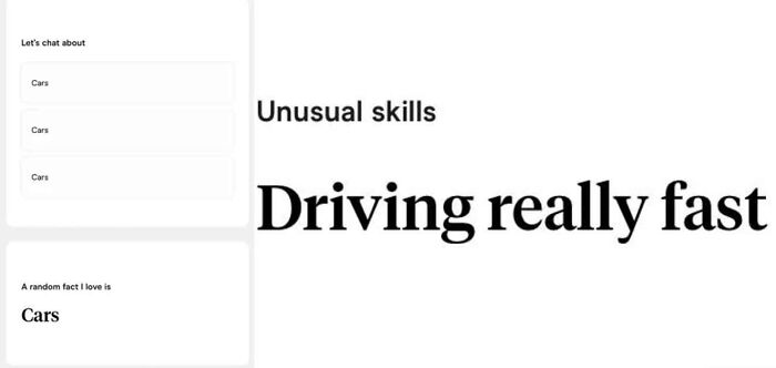 A profile from an online dating app with the user listing Cars for all prompts, showcasing cringey online dating behavior.