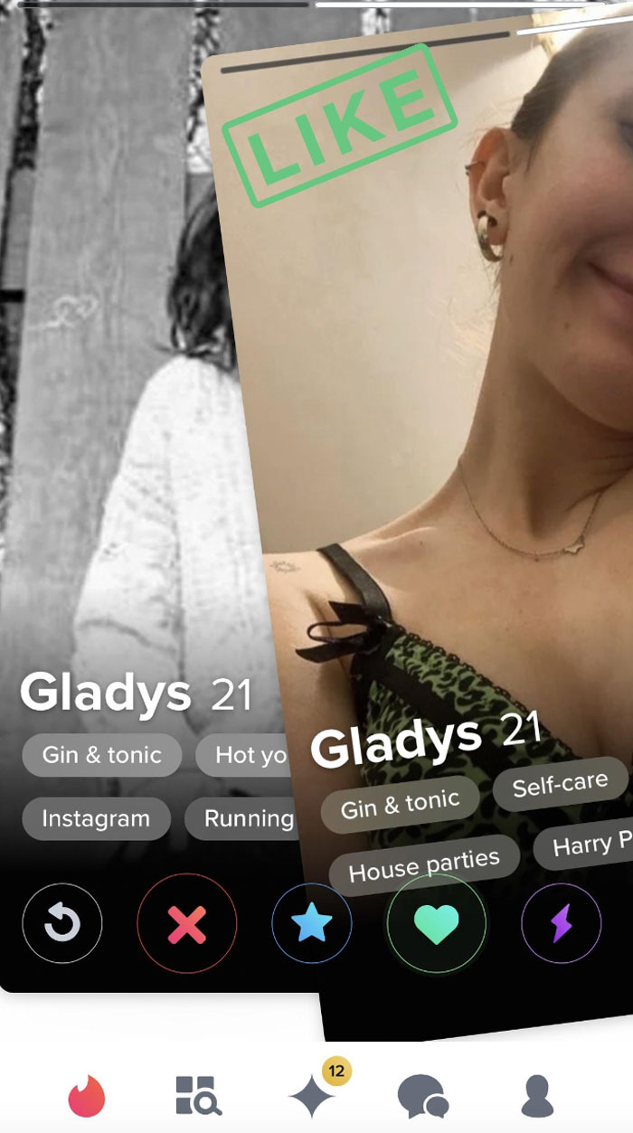A split screenshot from an online dating app, showing a profile for Gladys, 21, with options like Gin & Tonic, Hot Yo, and Self-Care. One image is black and white, the other is color.