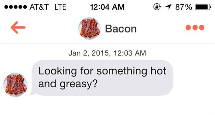 A funny online dating screenshot with a profile named Bacon asking, Looking for something hot and greasy?