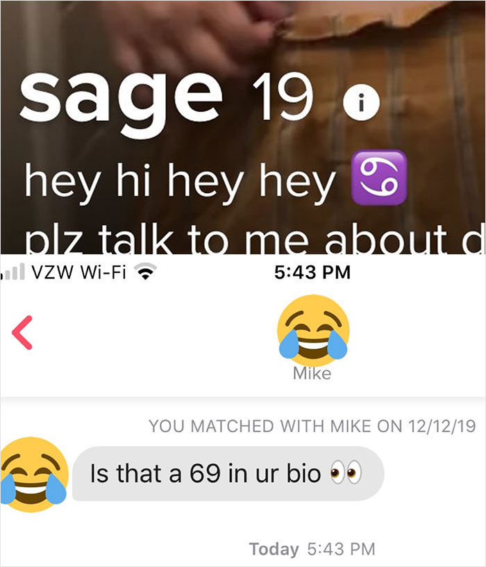 A screenshot showing a cringe-worthy online dating conversation with a user asking, Is that a 69 in ur bio?