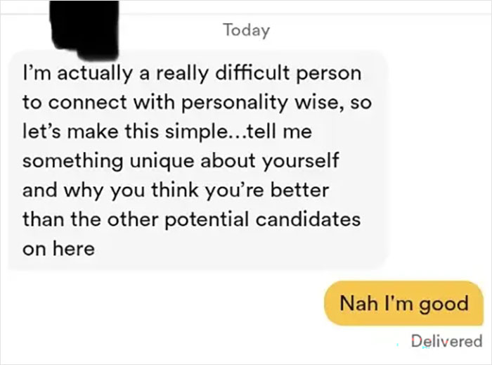 A cringey screenshot of an online dating conversation where a user describes themselves as difficult.