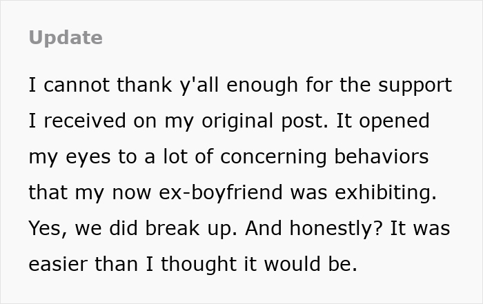 An update from a girl about her ex-boyfriend and his concerning behaviors regarding her hair color change.