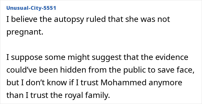 Screenshot of a comment discussing Princess Diana's alleged secret pregnancy and autopsy results. Screenshot of a comment discussing Princess Diana's alleged secret pregnancy and autopsy results.