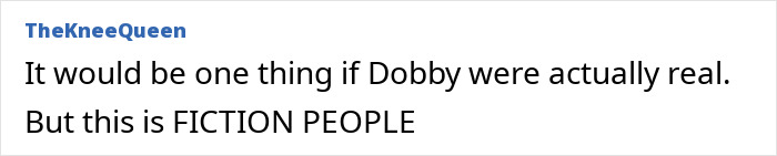 A comment from TheKneeQueen emphasizing Dobby is a fictional character, highlighting the Harry Potter fans rerouting a $500M undersea cable.