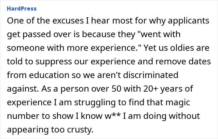 A comment from HardPress on resume challenges for applicants over 50, dealing with age discrimination and experience.