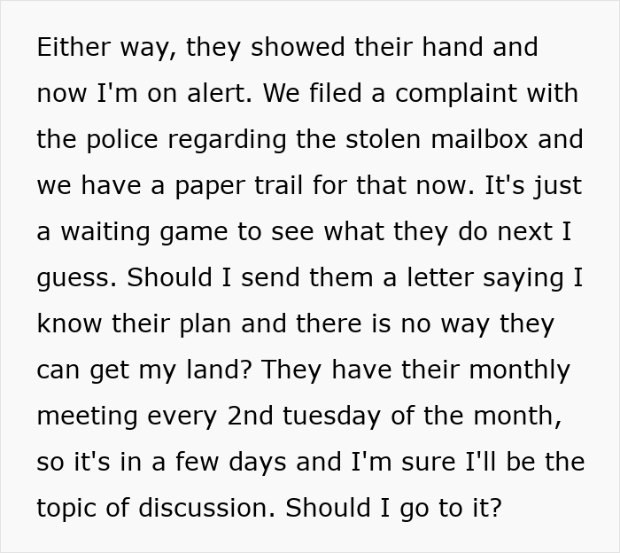 Screenshot of text detailing a resident's plan to confront the HOA after uncovering their secret scheme and filing a police complaint.