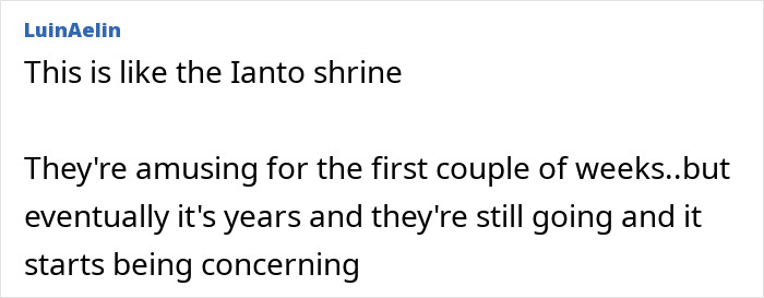 A comment about the Ianto shrine, mentioning Harry Potter fans and the undersea cable reroute, and their behavior being amusing yet concerning.