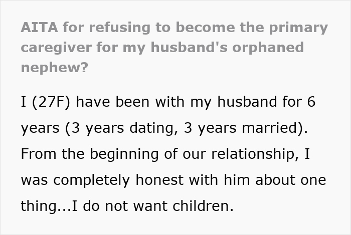 Screenshot of text about a wife refusing to be a primary caregiver for husband's orphaned nephew. Screenshot of text about a wife refusing to be a primary caregiver for husband's orphaned nephew.