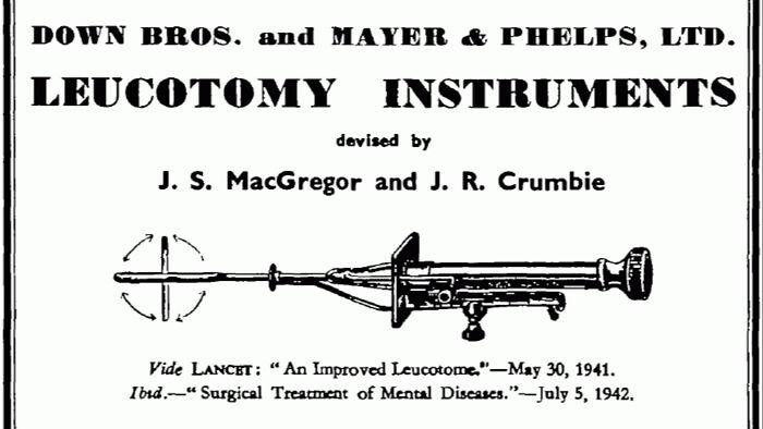 An old advertisement for Leucotomy Instruments, detailing a terrifying tool doctors used in the past to treat patients.