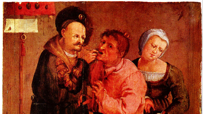 An old painting depicting a doctor performing a terrifying medical procedure on a patient.
