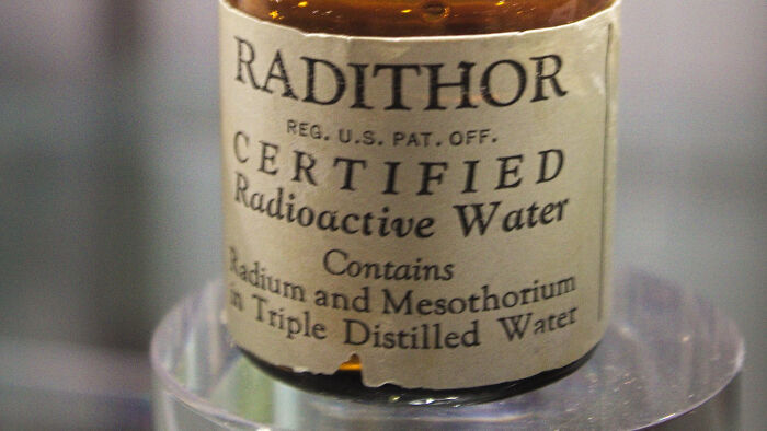 Close-up of a Radithor bottle, certified radioactive water, a terrifying tool doctors used in the past.