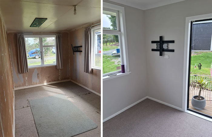 Before and after DIY improvements of a room, showing a bare room with peeling wallpaper transformed into a clean, painted space.