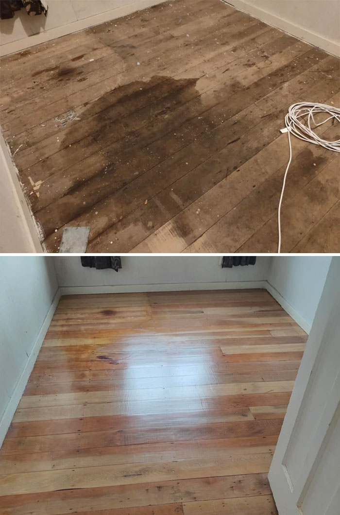 Before and after pics of DIY improvements: old, stained wooden floor transformed into a polished, clean surface.