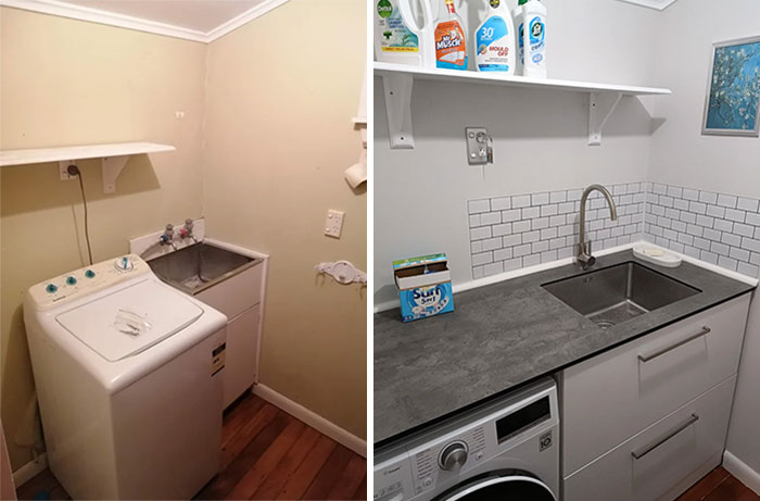 Before and after pics of DIY improvements: laundry room updated with new sink, storage, and appliances.