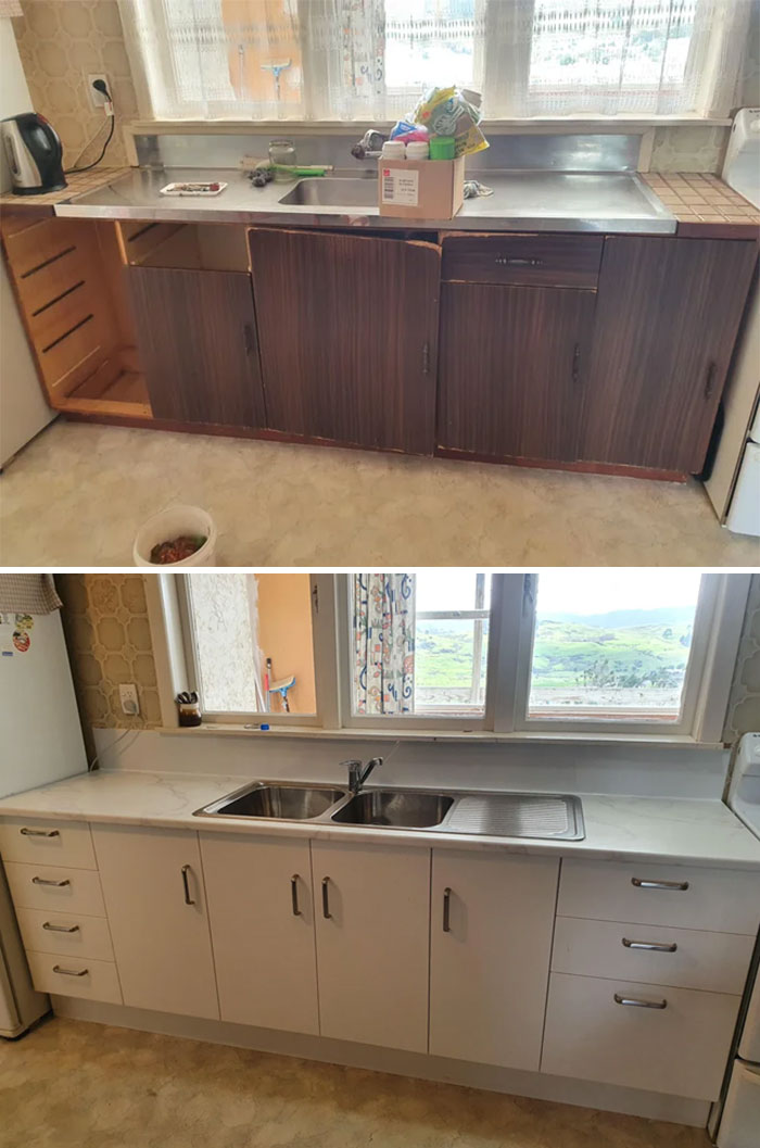 Before and after pics of DIY improvements: kitchen renovated with new cabinets, countertops, and a modern sink.