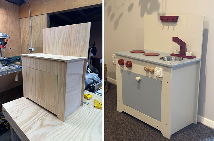 Before and after pics of DIY improvements: wooden cabinet transformed into a painted toy kitchen set for kids.