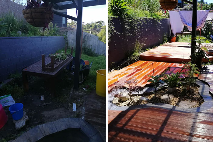 Before and after DIY improvements of a garden patio transforming from messy to a beautiful wooden deck with plants.
