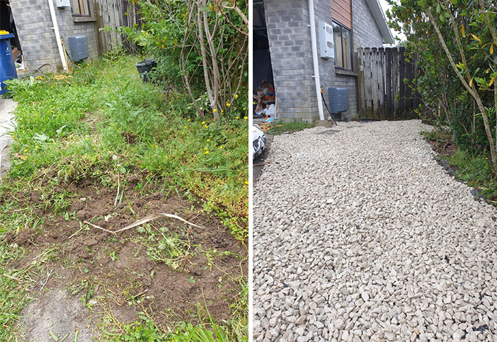 Garden path DIY improvements before and after pic, showing a conversion from overgrown grass to a gravel path.