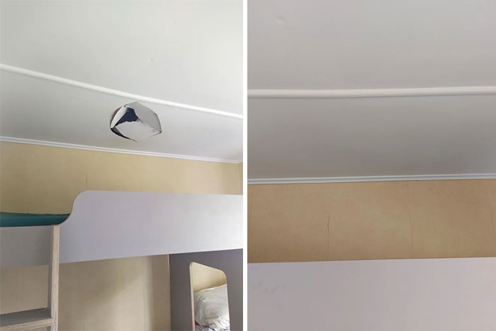 Bedroom ceiling DIY improvements before and after pic, featuring a repaired and painted ceiling.