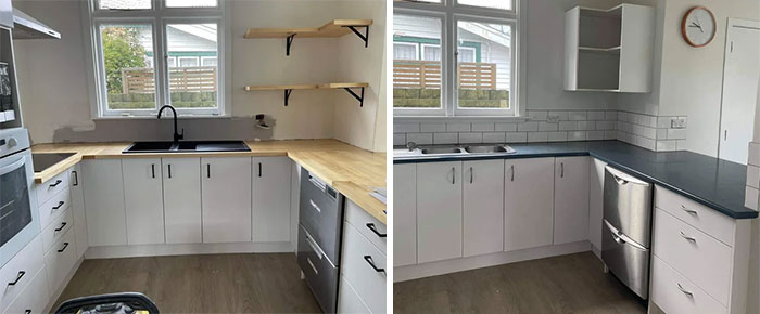 Before and after pics of DIY improvements to a kitchen, showcasing a renovated space with new countertops and shelving.