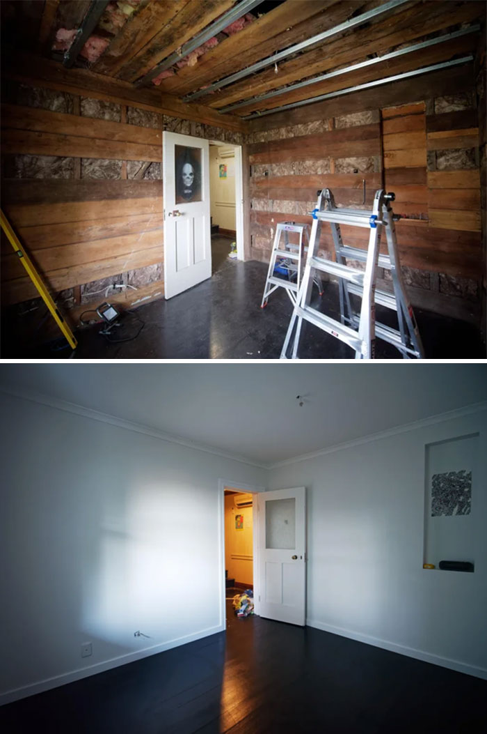 Before and after pics of DIY improvements, transforming a room with exposed beams and walls into a clean, modern space.