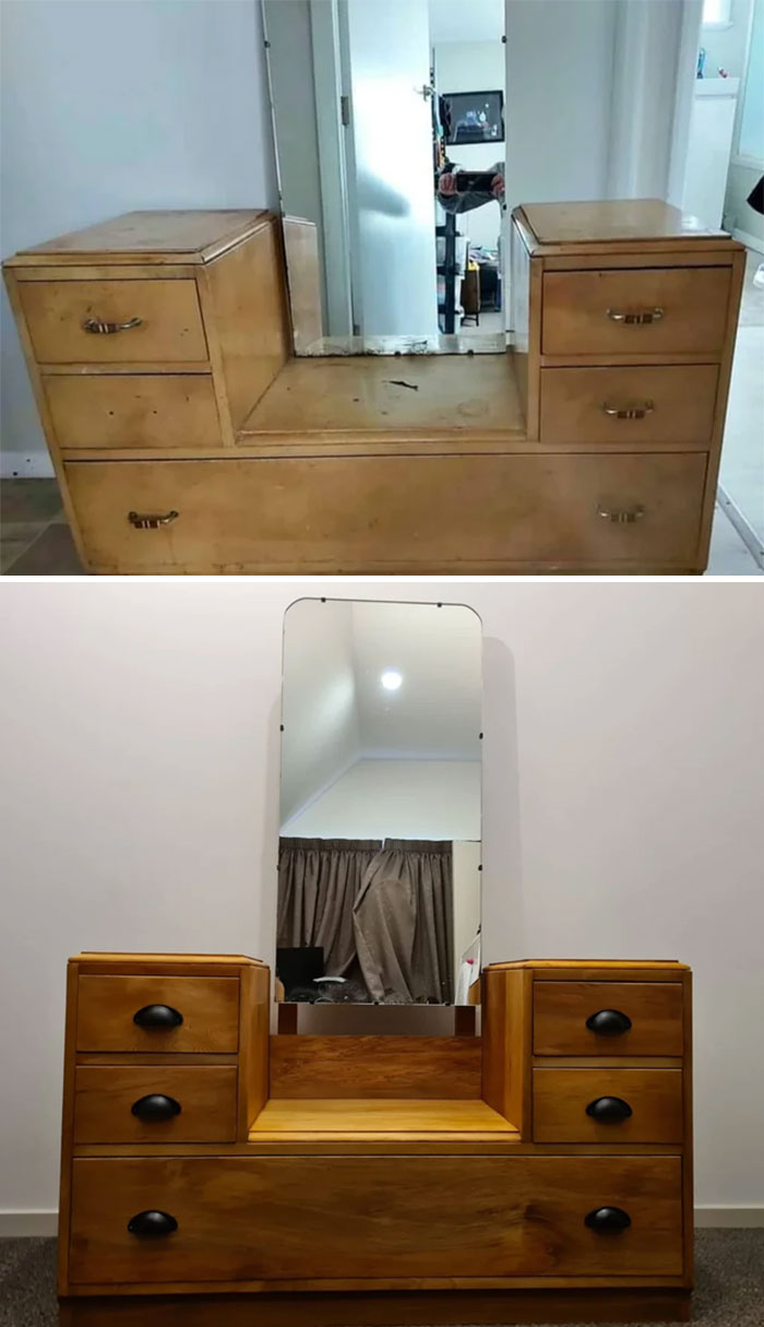 Before and after pics of DIY improvements, showing a vintage wooden dresser before and after a stylish renovation.