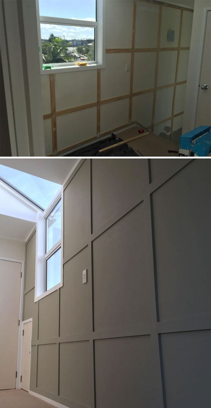 Before and after pics of DIY improvements, featuring a room with simple framing transformed into a beautifully paneled wall.