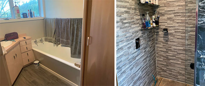 Bathroom DIY improvements before and after pic showing a modern shower renovation.