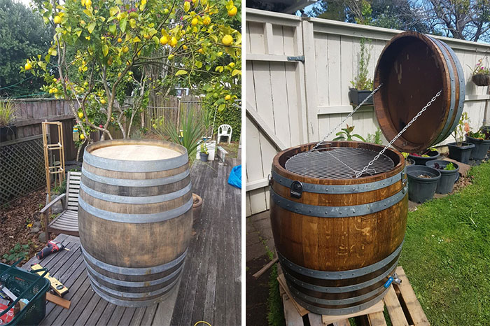 DIY improvement before and after pics of a wine barrel converted into a unique outdoor grill.