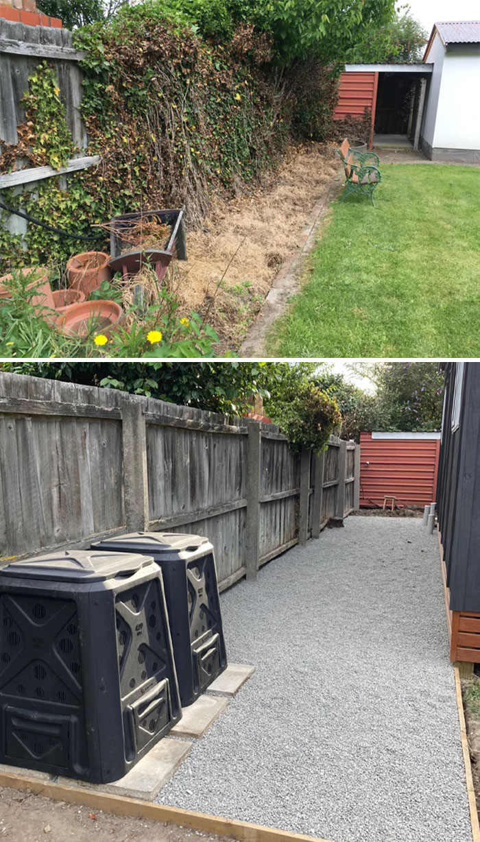 Before and after pics showing a garden DIY improvement, transforming an overgrown area into a neat, graveled path.