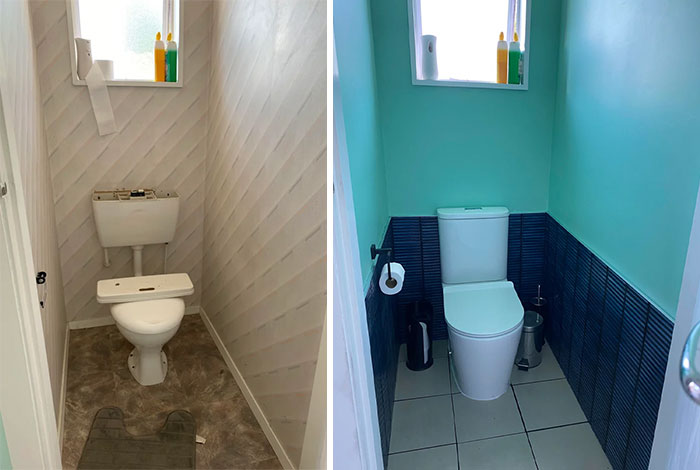Before and after pics of a DIY improvement, a toilet room transformation with new paint and wall panels.