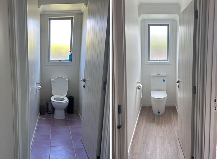 Before and after pics of a DIY improvement, transforming a dated toilet room into a modern, clean space.