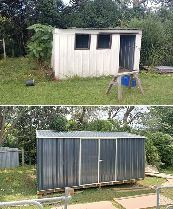 Before and after pics of an old shed replaced with a new, larger metal shed, showcasing DIY improvements.